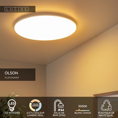 Lucide OLSON - Plafonnier Salle de bains - Ø 45 cm - LED - CCT - 1x45W 3000K/6500K - IP44 - Opalin